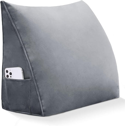 Wedge Headboard Reading Pillow for Bed Velvet Triangular Backrest Bolster Pillow for Sitting Up Daybed Cushion Lumbar Body Support Positioning for Headboard, Couch, Dorm, Grey
