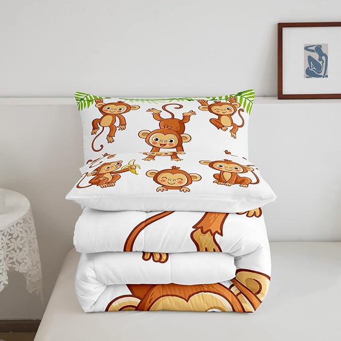 Feelyou Kids Cute Monkeys Bedding Set Cartoon Monkey Banana Decor Comforter for Kids Boys Girls Wild Animal Pattern Comforter Set Natural Wildlife Quilt Set Bedroom Collection 3Pcs Queen Size