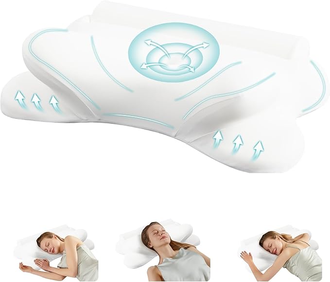 Smug Cervical Neck Pillow for Sleeping, Cooling Ergonomic Memory Foam Pillow with Arm Rest Slot and Ice Silk Pillowcase, Dual Height Orthopedic Support Contour for Side, Back, Stomach Sleepers