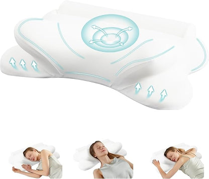 Smug Cervical Neck Pillow for Sleeping, Cooling Ergonomic Memory Foam Pillow with Arm Rest Slot and Ice Silk Pillowcase, Dual Height Orthopedic Support Contour for Side, Back, Stomach Sleepers