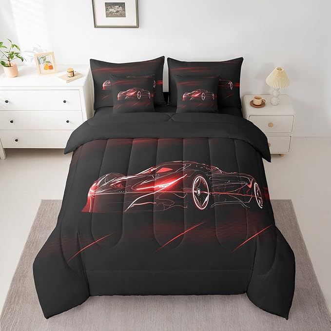 Feelyou Red Race Car 7 Piece Bedding Set Full Size for Kids Boys Extreme Sport Games Comforter Set with Sheets Teens Toddler Fast and Furious Bed in a Bag Cool Modern Bed Set