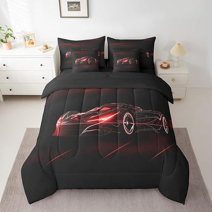 Feelyou Red Race Car 7 Piece Bedding Set King Size for Kids Boys Extreme Sport Games Comforter Set with Sheets Teens Toddler Fast and Furious Bed in a Bag Cool Modern Bed Set