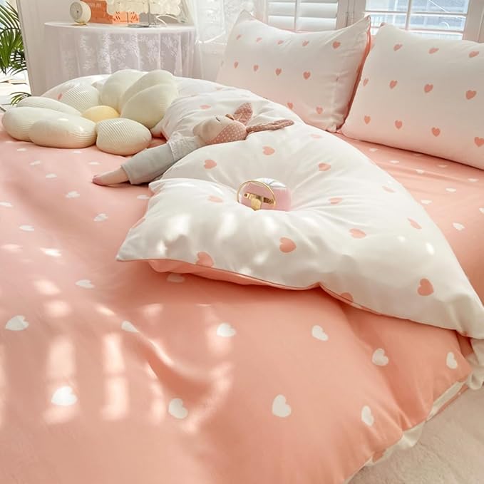 Blush Pink Duvet Cover Set Queen Heart Bedding Set Cute Love Heart Bedding 3Pcs Girls Reversible White Pink Duvet Cover with Zip and 2 Pillowcases（No Comforter）