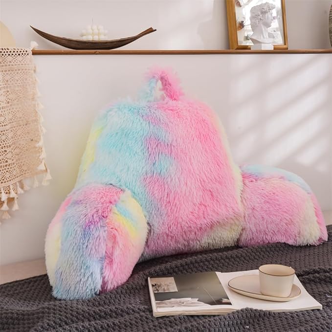 Aimuan Reading Pillow Bed Rest Pillow with Arms Rabbit Fur Cushion for Adults Teens Incline Rest Sitting up & Sleeping Snoring Pillow with Pregnancy Lumbar Back Support (Standard, Light-Pink)