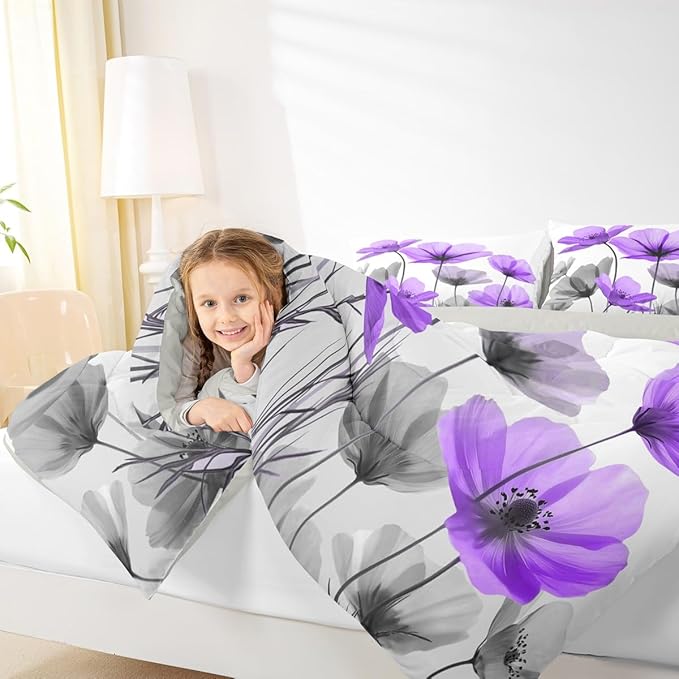Erosebridal Purple Floral Toddler Bedding Set,Purple and Grey Flower Comforter Set for Kids Girls,Vintage Flowers Bed Set,Farmhouse Wildflower Room Decor with 1 Pillowcase,Lightweight