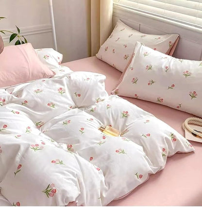 Floral Duvet Cover Twin Size Pink White Botanical Floral Bedding Set 3 Pieces Soft Breathable Garden Aesthetic Flower Comforter Cover with 2 Pillow Cases