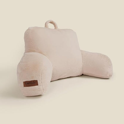 UnHide Squish Backrest Pillow - A Large Pillow with Arms for Sitting Up in Bed, Reading or Lounging - Removable, Washable Faux Fur Cover, Beige