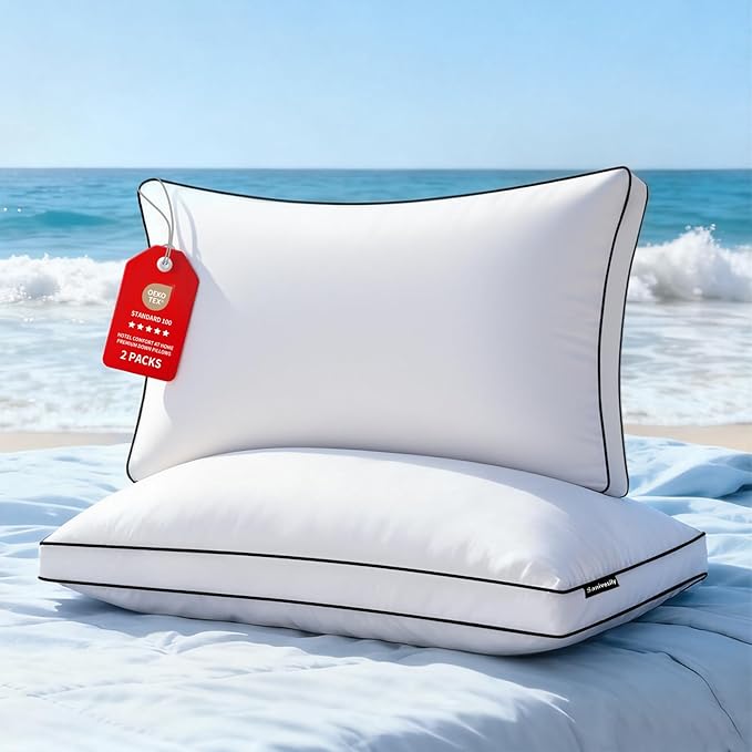 Feather Down Pillows Standard Size Set of 2 Pack, Luxury Hotel Collection Bed Pillow, Soft Medium Firm Feathers Pillow For Sleeping, Down Surrounded Gusseted Pillows for Side Back Stomach Sleepers