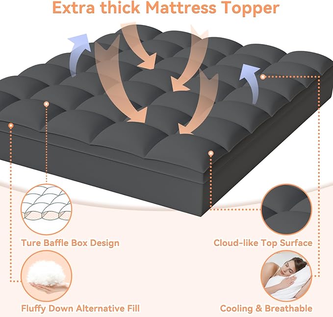 Topllen Full Mattress Topper for Back Pain Relief, Extra Thick Pillow Top Plush Mattress Pad with Deep Pocket, Soft Pillowtop Full Size Bed Toppers Filled Fluffy Down Alternative, Gray