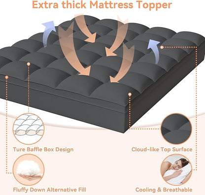 Topllen Full Mattress Topper for Back Pain Relief, Extra Thick Pillow Top Plush Mattress Pad with Deep Pocket, Soft Pillowtop Full Size Bed Toppers Filled Fluffy Down Alternative, Gray