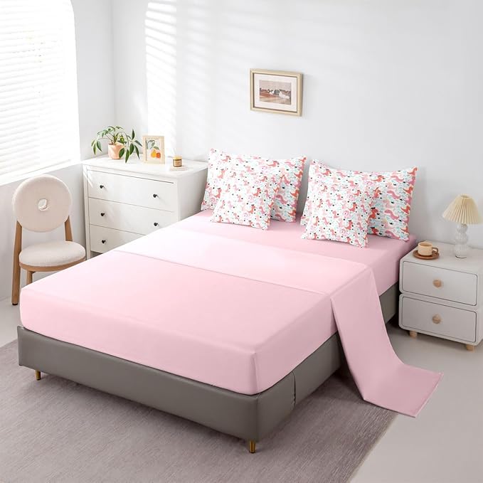 Feelyou Pink Dinosaur 7 Piece Bedding Set Cute Dinosaur Comforter Set with Sheets for Kids Boys Girls Crown Print Bed in a Bag Kawaii Animal Bed Set Soft Lightweight