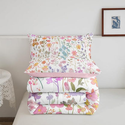 Erosebridal Cute Pink Floral King Bedding Set for Girls Kids Women,Colorful Boho Flower Comforter Set Farmhouse Home Decor,Watercolor Wildflower Quilt Bed Set Rustic Flowers Bed Comforter Set 3Pcs