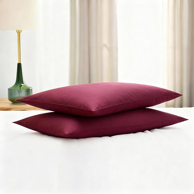 Flat Ultra Thin Bed Pillows Queen Size Pillow Set of 2 Extra Soft Down Alternative for Stomach Side Back Sleeper Burgundy 20x30inches