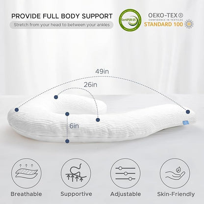 Body Pillow for Adults - Soft Long Bed Pillows Insert for Sleeping - Shredded Memory Foam & Removable Washable Cover - Swan Shaped Side Sleeper Pregnancy Pillow 49 Inch (White)