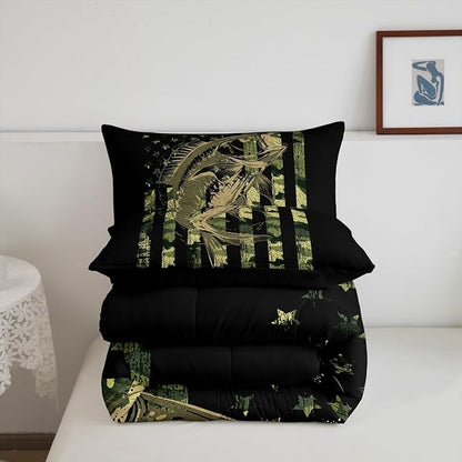 Feelyou Bass Fish Comforter Set Queen Size Fisherman Camouflage Bedding Set Pike Fish Camo American Flag Comforter for Women Men Fsihing Lover Room Farmhouse Fishing Bed Set Wild Quilted Set 3Pcs