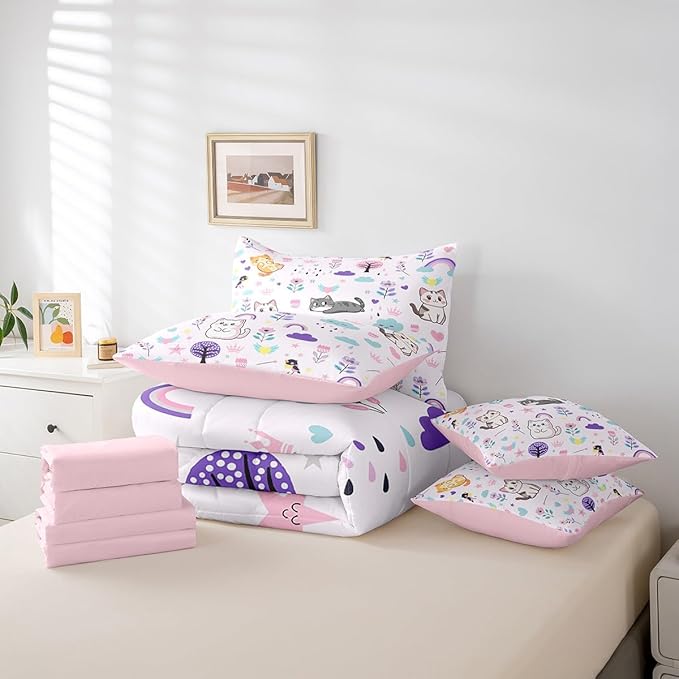 Erosebridal Kids Floral Cat 7 Piece Bedding Sets Cartoon Animal Comforter Bed in a Bag Cute Flower Printed Quilt with Sheet Set,for Children Boy Girl Teen Kids Bedroom Decor,Full 7Pcs
