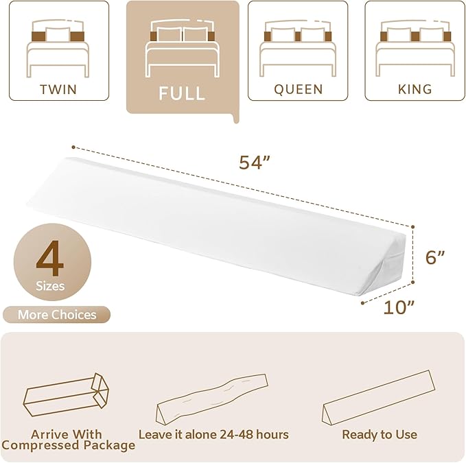 Bedluxe Full Bed Wedge Pillow for Headboard, Foam Headboard Pillow, Bed Gap Filler, Mattress Wedge- Fill The Gap (0-7") Between Headboard and Mattress (White, 54"x10"x6")