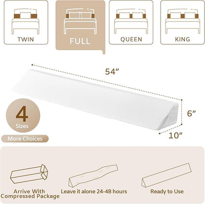 Bedluxe Full Bed Wedge Pillow for Headboard, Foam Headboard Pillow, Bed Gap Filler, Mattress Wedge- Fill The Gap (0-7") Between Headboard and Mattress (White, 54"x10"x6")