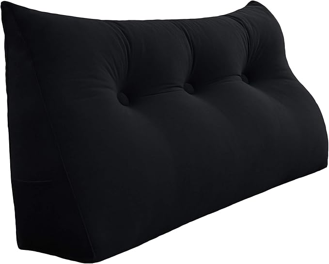 Johnear Wedge Headboard Large Bolster Pillow Reading Pillows for Sitting in Bed Adult， Velvet Triangular Cushion Backrest Lumbar Back Support Upholstered Daybed Sit Up Book Pillows（Black, Full）