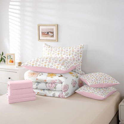 Feelyou Cute Flower 7 Piece Bedding Set Yellow Pink Floral Comforter Set with Sheets for Kids Boys Girls Romantic Blossom Bed in a Bag Cartoon Style Bed Set Soft Lightweight