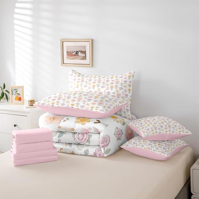 Feelyou Cute Flower 7 Piece Bedding Set Yellow Pink Floral Comforter Set with Sheets for Kids Boys Girls Romantic Blossom Bed in a Bag Cartoon Style Bed Set Soft Lightweight