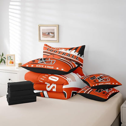 Erosebridal King Size Football Kids Comforter Set City Seasonal Color Gridiron Bedding, Rugby Sports Helmets Comforter + Flat Sheet + Fitted Sheet + 2 Pillowcases + 2 Throw Pillow Covers