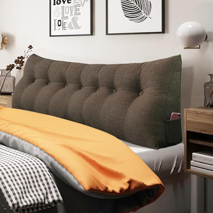 Wedge Headboard Pillow Dorm Room Reading Pillow Back Support for Sitting Up in Bed Bolster Lumbar Cushion Body Positioning Bedrest Cotton Linen 76in Coffee King