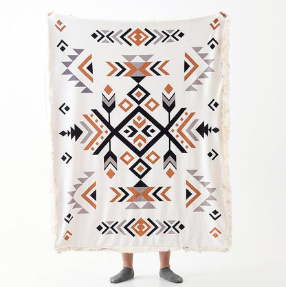 Luxury Plush Faux Fur Throw Blanket with Aztec Pattern, Super Warm, Fuzzy, Elegant, Fluffy Decoration Blanket for Couch, Armchair, Sofa and Bed, 50''x 60'', Cream