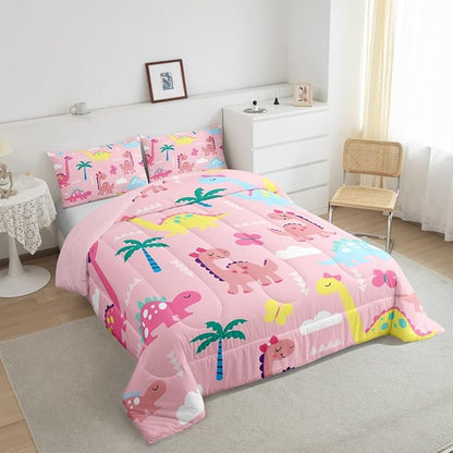 Lovely Dinosaur Kids Comforter Set Queen Size,Cartoon Dino Kawaii Wild Animal Reversible Bedding Set for Girls Bedroom Decor Colorful Cute Butterflies Pink Quilted Duvet,2 Pillowcases