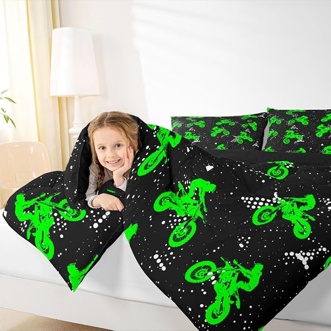 Feelyou Boys Dirt Bike Bedding Set - Cool Sports Comforter Set for Kids Motocross Rider - Fluorescent Green Bike Quilt & 2 Pillowcases - King Size