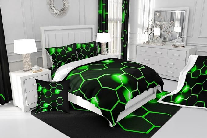 Feelyou Honeycomb Kids Comforter Set Modern Hexagon Bedding Set for Boys Children Teens Bedroom Decor Geometrical Comforter Beehive Geometric Black Green Duvet Set Queen Size with 3 Pillow Case