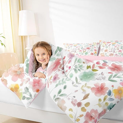 Erosebridal Cute Floral Toddler Bedding Set,Pink Beige Flower Comforter Set for Kids Girls,Boho Flowers Wildflower Bed Set,Botanical Plant Green Leaf Room Decor,1 Pillowcase Breathable
