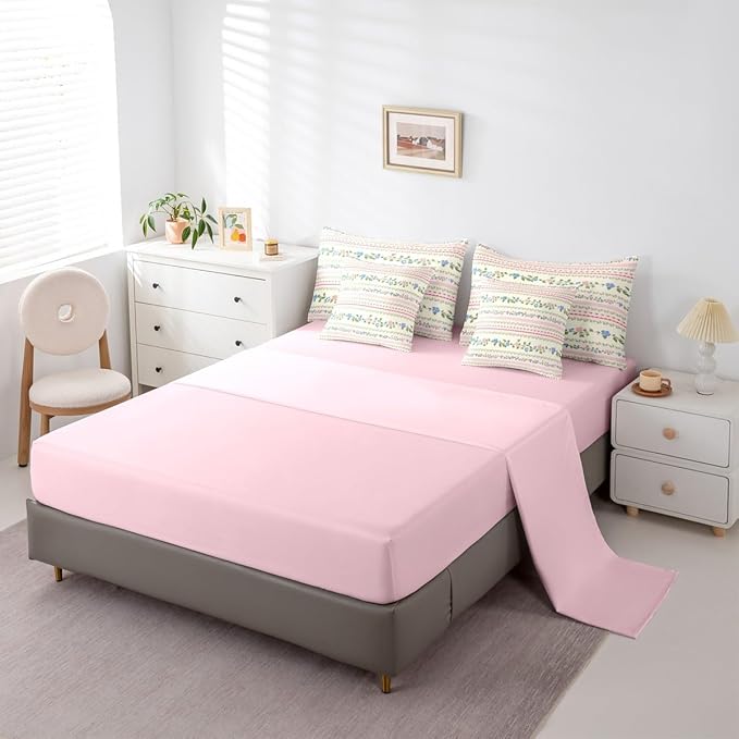 Feelyou Flower Twin Comforter Set with Sheets for Kids Boys Girls Spring Blossoms 7 Pieces Bedding Set Botanical Bed in a Bag Floral Room Decor Pink Green Soft Lightweight Microfiber