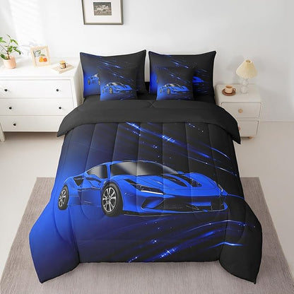 Feelyou Boys Blue Race Car 7 Piece Bedding Set Twin Size Speed Sports Car Comforter Set with Sheets for Kids Teens Adult Fast and Furious Bed in a Bag Blue Ombre Bed Set
