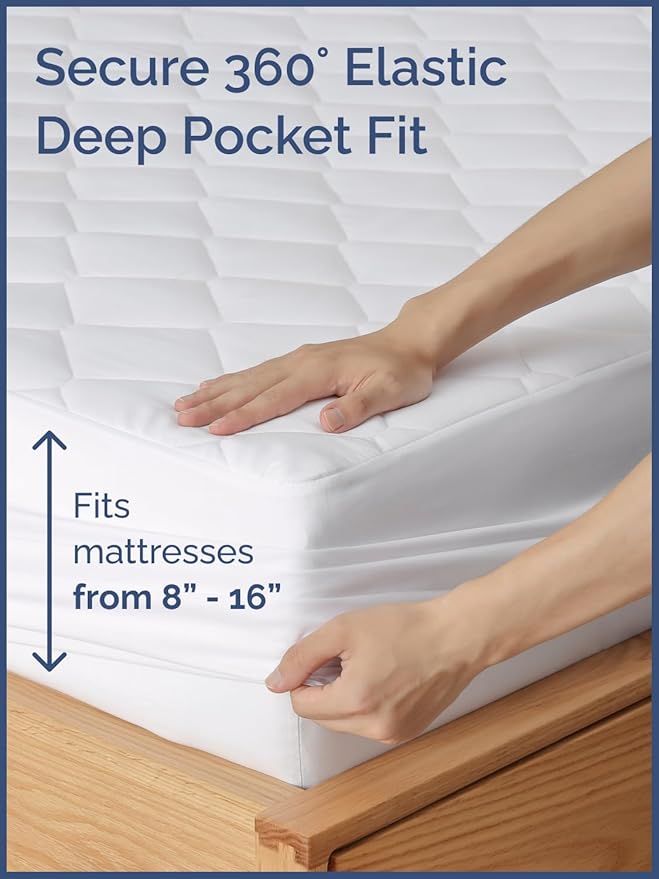 Quilted Fitted Mattress Pad Full Size - Elastic Fitted Mattress Topper Protector & Cover - Breathable, Soft, Low Profile Top Cover with 8-16 Inch Deep Pockets - Easy-Fit and Machine Washable - White