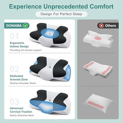 DONAMA Cervical Neck Pillow- Ergonomic Pillows for Pain Relief, Contour Memory Foam Pillow for Side/Back/Stomach Sleepers, CertiPUR-US Certified with Cooling Ice Silk Pillowcase