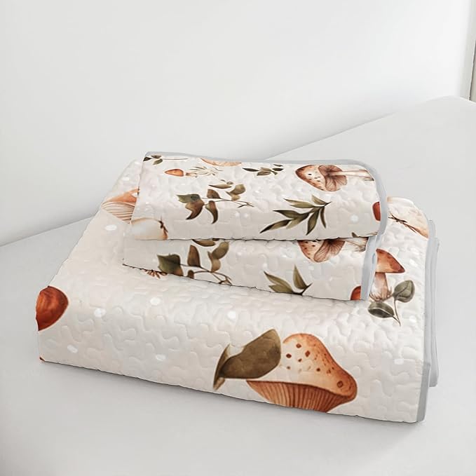 Mushroom Bedding Quilt Set for Kids Teens and Adults Room Decor,Natural Wild Fungus Plant Pattern Bedding Queen Size,Soft and Breathable Summer Quilts with 2 Pillowcases.