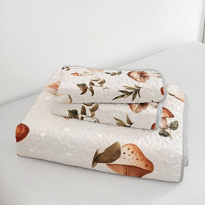 Mushroom Bedding Quilt Set for Kids Teens and Adults Room Decor,Natural Wild Fungus Plant Pattern Bedding King Size,Soft and Breathable Summer Quilts with 2 Pillowcases.