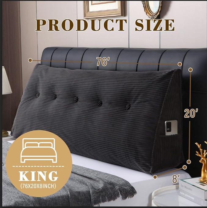 Wedge Headboard Pillow for Bed, King Dorm Headboard Support for Sitting Up Reading, Relaxing, Removable Washable Corduroy Cover, Polyester and Shredded Foam Filling, Gray
