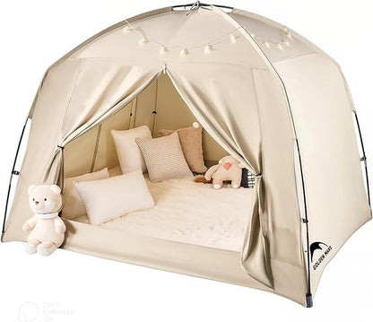 Bed Tents for Kids and Adult, Portable 100% Breathable and 85% Blackout Toddler Dream Play Tent, 3 Doors Big Privacy Space Sleeping Canopy for Floor or Twin Full Queen Sizes Bed (Khaki, Twin-Size)