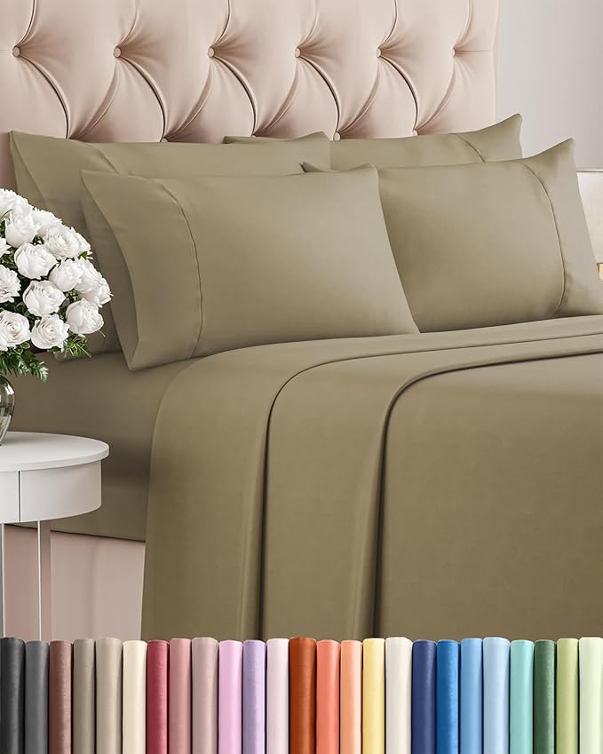Queen Sheets Set 6 Piece - Bed Sheets Queen Size - Soft Hotel Luxury Bedding - Cooling, Comfy & Breathable - 1 Flat & 1 Fitted & 4 Pillowcases with Deep Pockets - Wrinkle Resistant & Fade Free - Khaki