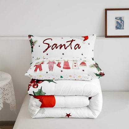 Erosebridal Cartoon Santa Claus Comforter Set for Kids Boys Girls,Merry Christmas Toddler Bedding Set,Christmas Down Comforter,Happy New Year Reversible Bed Set with 1 Pillowcase for Bedroom