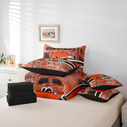 Erosebridal 7Pcs Gridiron Bed in A Bag Full Size Cincinnati Bedding Set Sports Room Decor for Men Women Football City Sports Decor Comforter Sets with Sheets Retro Watercolor Grunge Rugby Bed Set