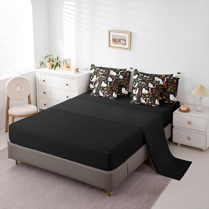 Feelyou Cute Cat 7 Piece Bedding Set Floral Flower Comforter Set with Sheets for Kids Boys Girls Nature Plants Bed in a Bag Black Colorful Bed Set Soft Lightweight