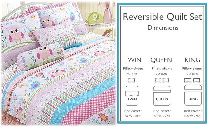 Cozy Line Home Fashions Happy Owl Pink Reversible Quilt Bedding Set, Coverlet, Bedspreads for Girls (Happy Owl, Queen -3 Piece)