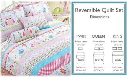 Cozy Line Home Fashions Happy Owl Pink Reversible Quilt Bedding Set, Coverlet, Bedspreads for Girls (Happy Owl, Queen -3 Piece)