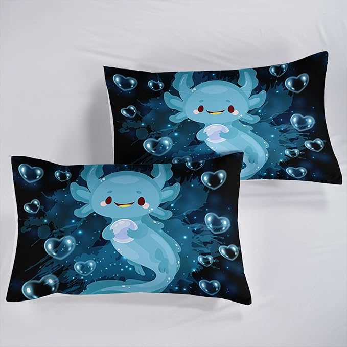 HOSIMA Axolotl Kawaii Bedding Set for Kids Bedroom Decor Blue Axolotl Cute Duvet Cover Set 3 Pieces 1 Duvet Cover with 2 Pillowcases（No Comforter）