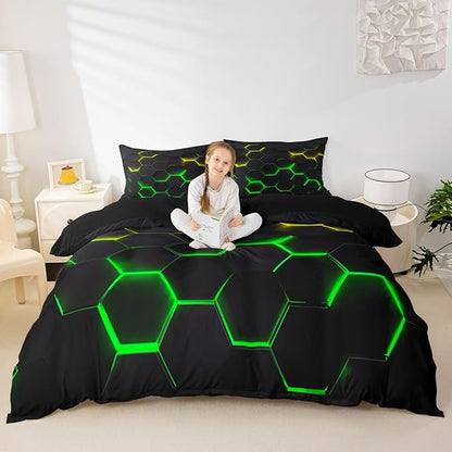 Honeycomb Bedding Duvet Cover Queen Size Hexagon Bed Cover for Kids Teen Boys Girls Bedroom Decor Yellow Neon Lights Bed Cover Chic Creative Bedding Cover 3Pcs with 2 Pillowcase, Black