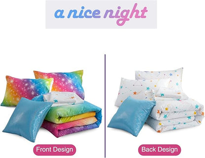 A Nice Night 6Pcs Gradient Glitter Bedding Set for Girls, Colorful Rainbow Galaxy Comforter Set, Ultra Soft Bedding Sets (Multi,Queen 6Pcs)