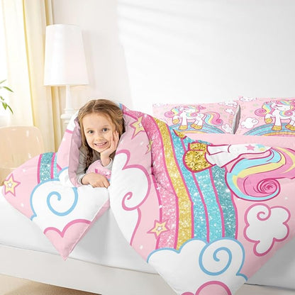 Feelyou Unicorn Bedding Twin,Star Print Rainbow Kids Comforter Sets for Girls Comforter Set,Cute Animal Bedding Cute Unicorn Duvet Quilt,Rainbow Bedroom Decor